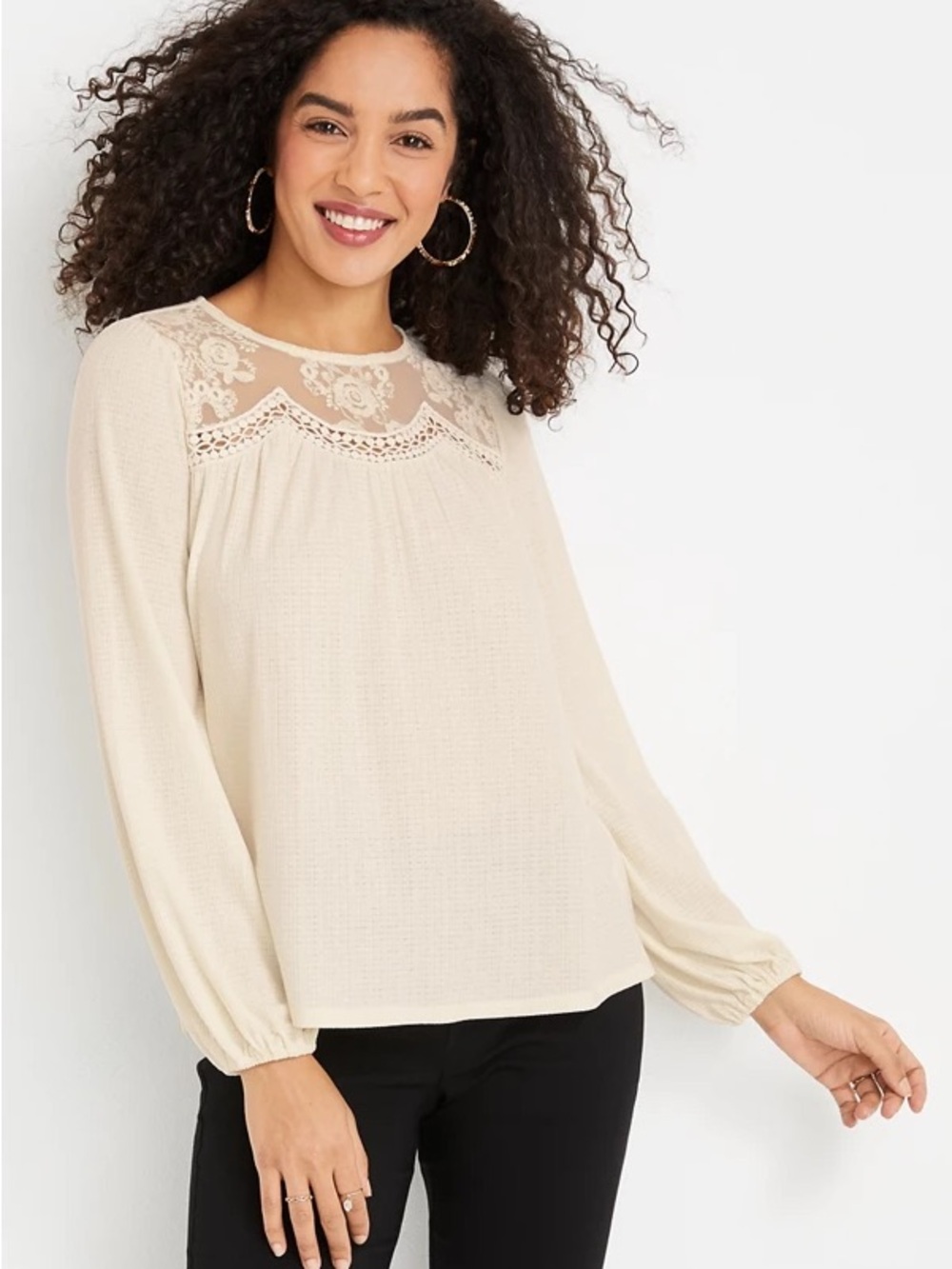 Maurices Cream Crochet Long-Sleeve Lace Top Business Casual Formal Lightweight
